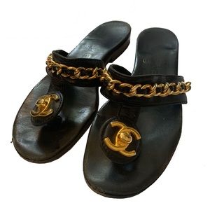 vintage Gold and black CHANEL FLIP FLOPS/ SLIDES
